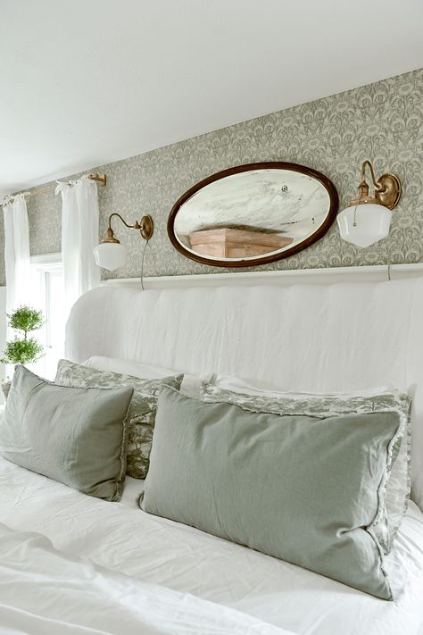 Wallpapered Guest Bedroom, Liz Marie Bedroom, Vintage Master Bedrooms, Wallpaper Master Bed, Cottage Master Bedrooms Decor, Buffalo Bedroom, Primary Bedroom Wallpaper, Decorate Living Room Shelves, Wallpaper Guest Bedroom