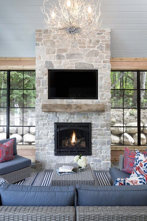 Fireplace With Stone, Lake House Interior Design, Nautical Color Palette, Modern Farmhouse Fireplace, Stone Fireplace Makeover, Stone Fireplace Surround, Natural Stone Fireplaces, Lake House Interior, Rock Fireplaces