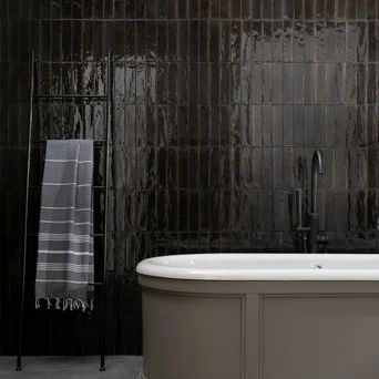 Zellige Tile Bathroom, Black Tile Bathrooms, Bronze Tiles, Dark Tile, Topps Tiles, Majolica Pottery, Stone Mosaic Tile, Zellige Tile, Black Tiles