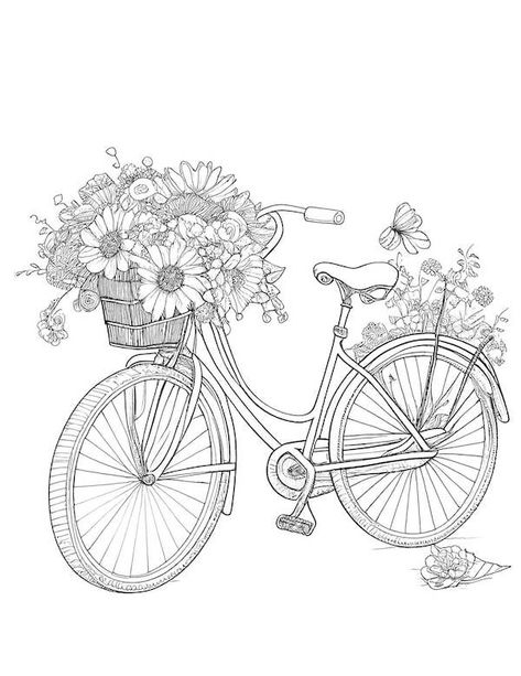 Bicycle Coloring Pages, Flower Coloring Pages For Kids, Bicycle With Flowers, Flower Coloring Sheets, Sunflower Coloring Pages, Printable Flower Coloring Pages, Pattern Coloring Pages, Adult Colouring Pages, Free Adult Coloring Pages