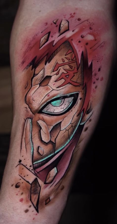 Anime Rage Tattoo, Anime Face Tattoo, Gaara Tattoo Design, Garra Tattoo, Gaara Tattoo Ideas, Gaara Tattoo, Naruto Tattoos, Go Beyond Plus Ultra, Anime Tattoo Ideas