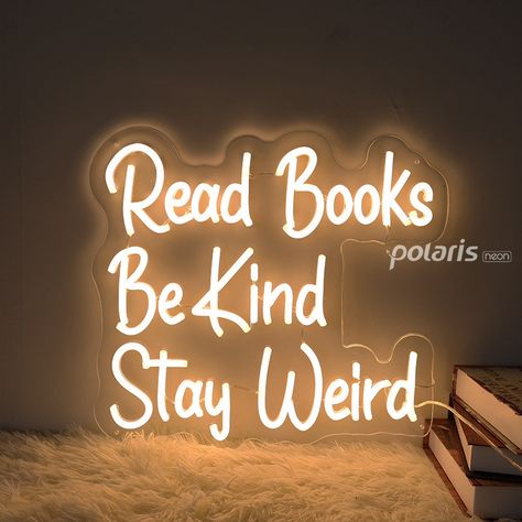 Embrace your uniqueness with the inspiring "Read Books, Be Kind, Stay Weird" neon sign. This captivating sign serves as a reminder to prioritize knowledge, compassion, and individuality in your daily life. Crafted with high-quality materials and vibrant neon lights, it creates a warm and inviting glow that adds a touch of charm to any space. Whether it's a study, library, or cozy reading nook, this sign encourages a love for books, spreading kindness, and embracing your quirks. 👉How to use。 ✦su Bookish Neon Sign, Reading Nook Simple, Cozy Book Nook Small Spaces, Reading Nook Lighting, Book Themed Bedroom, Book Themed Room, Bookshelf Reading Nook, Classroom Decor Kindergarten, Book Lovers Bedroom