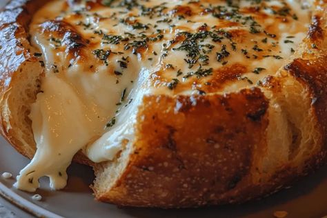 Creamy Brie Bread Bowl with Garlic Herb Butter Bread Bowl Fondue, Crab Dip In Bread Bowl, Baked Brie In Bread Bowl, Brie Bread Bowl, Brie Bread, Creamy Brie, Cuban Food, Garlic Herb Butter, Bread Bowl