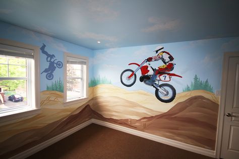 motorcross room ideas Dirt Bike Bedroom, Dirt Bike Room, Motocross Baby, Bike Room, Moto Cross, Wall Murals Painted, Boys Bedrooms, Big Boy Room, Boy's Bedroom