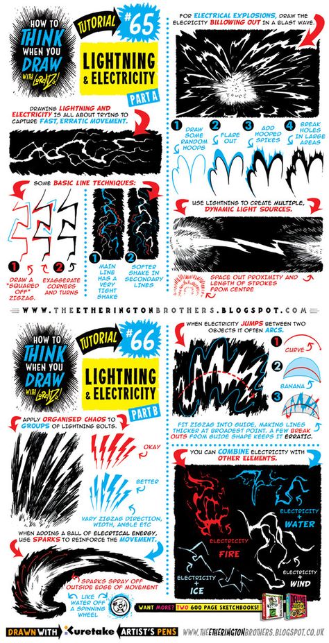 See above for today's tutorial, which looks at how to THINK When you draw LIGHTNING and ELECTRICITY, great for electrical effects and general zapping I recommend you use this tutorial in conjunctio... Draw Lightning, How To Draw Lightning, Lightning Drawing, Tattoo Lightning, Etherington Brothers, Manga Reference, Comic Tutorial, Reference Art, Helpful Things