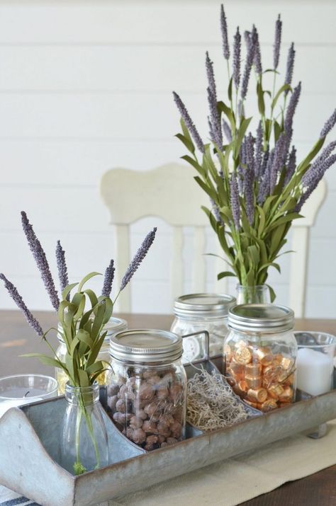 Galvanized Tray Decor, Tray Decor Ideas, Galvanized Decor, Galvanized Tray, Farmhouse Tray, Farmhouse Style Table, Tray Styling, Red Brick House, Tray Ideas