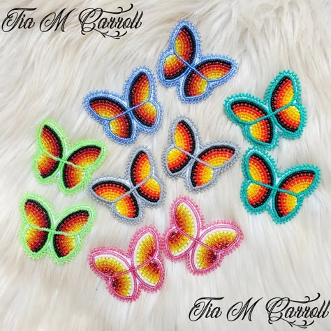 I have 5 pairs of butterfly earrings available 🦋 all all fingernail posts and backed with faux white leather, all are $25 each +$5 for… | Instagram Butterfly Beaded Earrings, Beaded Butterfly Earrings, Native American Beadwork Earrings, Beaded Earrings Tutorial, Diy Beaded Earrings, Beaded Items, Jingle Dress, Native Designs, Beaded Jewelry Earrings