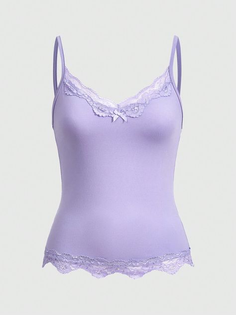 ROMWE Women's Basic Lace Trim Camisole TopI discovered amazing products on SHEIN.com, come check them out! Purple Top Aesthetic, Outfits Extra, Shifting Closet, Makeup Coquette, Colour Highlights, Purple Lace Top, Basic Clothes, Roblox Clothes, Lavender Tops