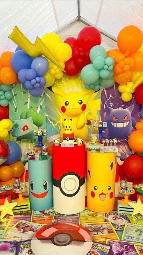 Pikachu Theme Party, Pokemon Birthday Balloon Garland, Birthday Pokemon Ideas, Pokemon 1st Birthday Party, Pikachu Themed Birthday Party, Pokemon Birthday Centerpieces, Pokémon Birthday Decor, Pokemon Birthday Balloons, Pikachu Decorations Party Ideas