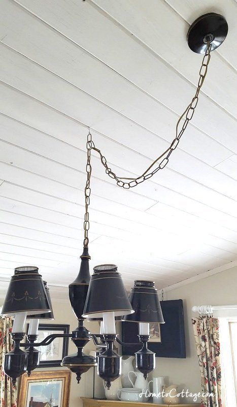 How to Make a Chandelier Longer - SIMPLE DECORATING TIPS Make A Chandelier, Chandelier Hook, Swag Pendant Light, How To Make A Chandelier, Redo Kitchen Cabinets, Swag Chandelier, Chandelier Chain, Cottage Lighting, Outdoor Chandelier