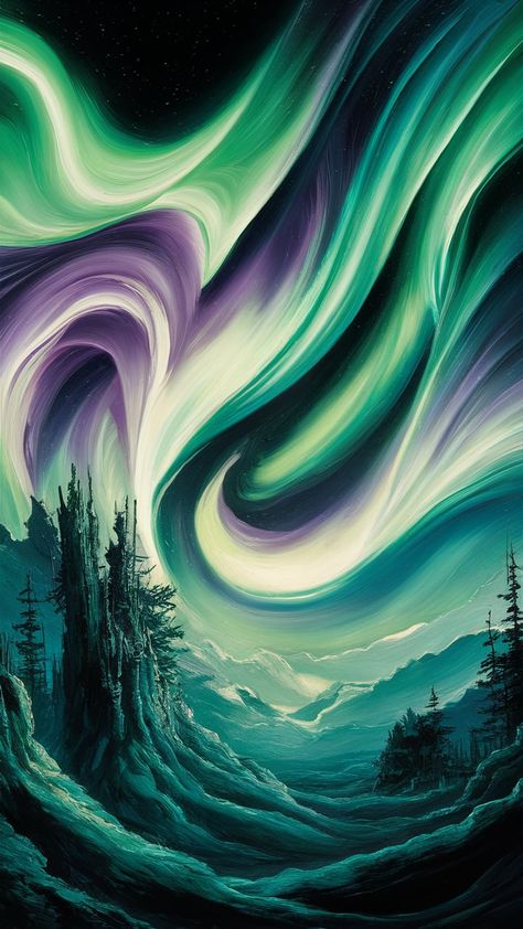 Immerse yourself in the breathtaking beauty of a night sky alive with vibrant swirls of greens, purples, and blues. This impressionistic masterpiece captures luminous waves casting a serene glow over a tranquil forest. Ancient trees reach upward, framing the radiant sky in this magical nocturnal wonderland. Experience wonder and tranquility with this stunning northern lights wallpaper. #NorthernLights #Wallpaper #Impressionism #CosmicDance Nocturnal Wonderland, Northern Lights Wallpaper, Lights Wallpaper, Cosmic Dance, Ancient Trees, Ancient Tree, Breathtaking Beauty, Impressionism, Night Sky