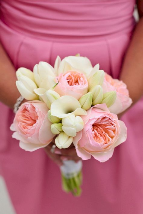 Wedding Bouquets Tulips, Mini Calla Lilies, Roses White, Pink Garden, Calla Lilies, White Tulips, Garden Roses, Bouquets, Tulips