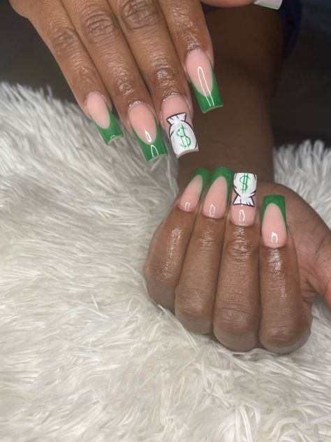 Green nails, french tips, nail art Money Bag Nails Designs, Green French Tips With Design, Green Money Nails, Money Bag Nails, Money Nails Designs, Green French Tips, Money Nails, Ring Finger Nails, Green French