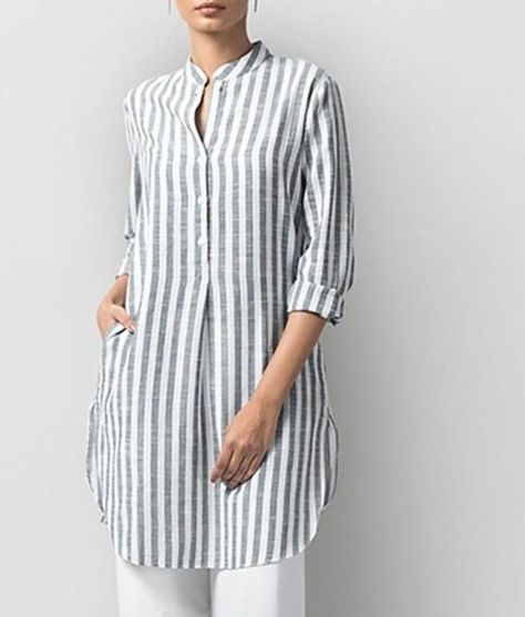 Shirt Kurta Woman, Dresses With Turtle Neck, Short Kurti Designs, Long Shirt Women, Simple Kurta Designs, Tunic Designs, Kurta Neck Design, Cotton Kurti Designs, Striped Tunic