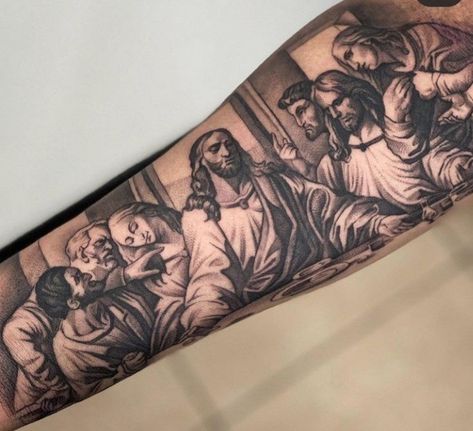 Last Supper Tattoo Design Forearm, Last Supper Tattoos Black Edition, Last Supper Tattoo Design, The Last Supper Tattoo, Gabriel Tattoo, Jesus Tattoo Sleeve, Religious Tattoo Sleeves, Religous Tattoo, Breaking Bad Tattoo