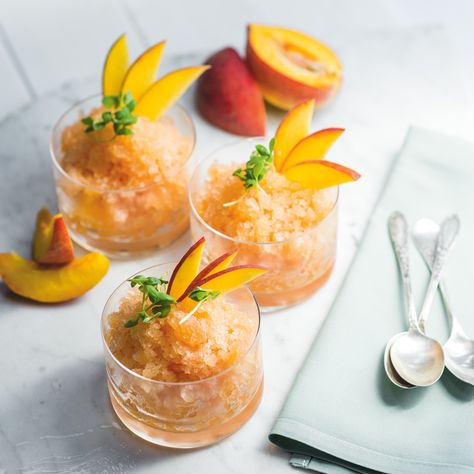 Peach-Basil Granita | Charleston Peach Moscato, Peach Basil, Granita Recipes, Recipe Mango, Yummy Summer Drinks, Bbq Catering, Peach Puree, City Magazine, Tesco Real Food