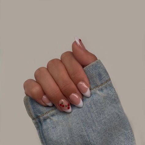 Nail Inspo Cherry, French Tip Almond, Cherry Nail Art, Cherry Nail, Hoco Nails, Butterflies Pink, Nail Appointment, Harry Styles Nails, Super Cute Nails