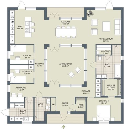 Atrium Atriums In Houses, Atrium Architecture, Barndo Plans, Atrium House, Atrium Design, Indoor Courtyard, Bungalow Floor Plans, Courtyard House Plans, Apartment Floor Plan