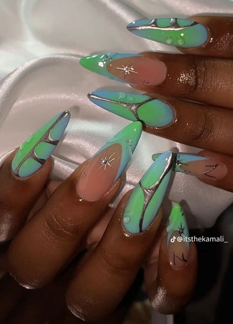 Nails With Different Color Tips, Light Blue And Green Nails, Two Different Colored Nails, Blue Glitter Nail Designs, Blue Nails For Prom, Nails Blue And Green, Bright Color Nails, Green And Blue Nails, Nails On Brown Skin