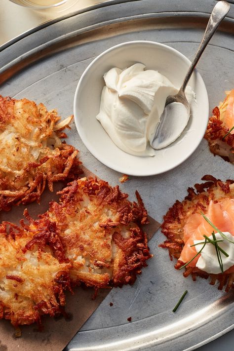 Best Hanukkah Recipes - Recipes from NYT Cooking Hanukkah Treats, Potato Latkes Recipe, Latkes Recipe, Potato Latke Recipe, Baked Potato Skins, Potato Latkes, Matzo Meal, Hanukkah Food, Homemade Applesauce