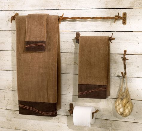 Barbed Wire Bath Hardware Set (4 pcs) Lodge Bathroom Decor, Rustic Bathroom Hardware, Lodge Bathroom, Western Bathroom Decor, Western Bathroom, Black Forest Decor, Decorating Bathroom, Cheap Bathrooms, Towel Bars