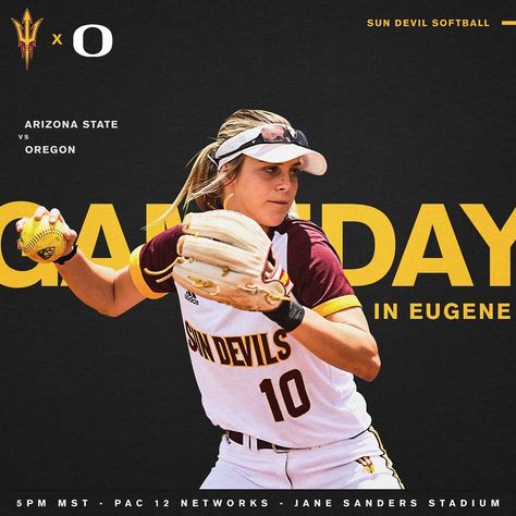 Sun Devil Softball on Instagram: “Looking to make it ✌️against the 🦆. It's #GAMEDAY Sun Devils! Rep your devs all day long, we wanna hear you all the way from Oregon 😈 📍-…” Softball Gameday Graphics, Gameday Graphics, Softball Game Day, Sun Devils, Sports Graphic Design, Arizona State, All The Way, Softball, Game Day