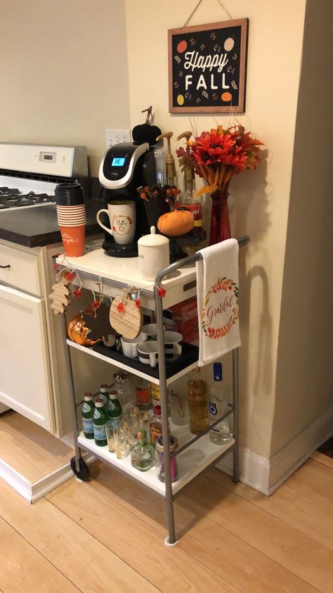 Bar Cart And Coffee Station, Utility Cart Coffee Bar, Microwave Cart Coffee Bar, Coffee And Bar Cart Ideas, Small Coffee Cart Ideas, Coffee Bar Cart Ideas Small Spaces, Coffee Cart Home, Coffee Cart Ideas Small Spaces, Bar Cart Coffee Station