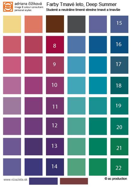 Deep Summer tonal palette. Tones and shades. Basic orientation. If you are Deep summer, your best colours are wine red,deep rose, dark raspbery, navy blue, charcoal black, darker muted violet,dark chocolade, rosebrown, deep sea green...the darkest shades of summer colours. Soft, velvety look. This color type is former type of my 12 seasonal system since 2003 ( Dark Summer, Soft Summer, Clear Summer). Soft Summer Light, Soft Autumn Palette, Soft Autumn Color Palette, Soft Summer Palette, Soft Summer Color Palette, Dark Summer, Soft Summer Colors, Clear Winter, Winter Color Palette