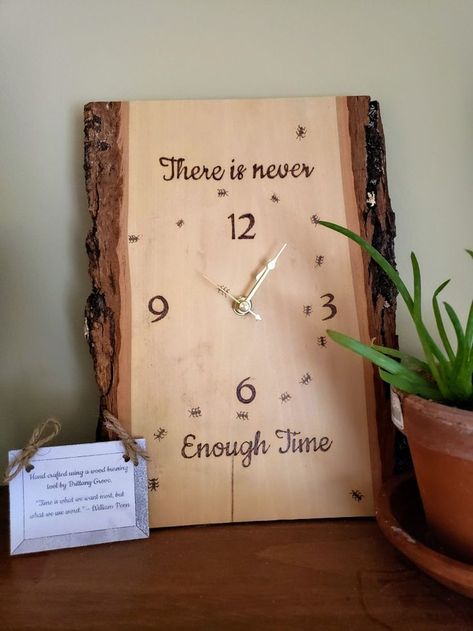 Pin on iDesign - homemade items Pyrography Clock Ideas, Homemade Clocks Diy Projects, Wood Clocks Handmade, Clock Hardware, Diy Wooden Clock, Wood Clock Diy, Clocks Diy Crafts, Homemade Clocks, Diy Clocks