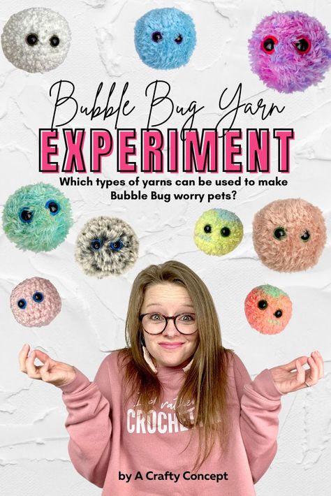 Bubble Bug yarn experiment! Let’s try 5 different textured yarns and see how a Bubble Bug worry pet will work up with each one. Worry Pet, Pet Monsters, Crochet Toys Free Patterns, Crochet Monsters, Yarn Bee, Quick Crochet Patterns, Modern Crochet Patterns, Easy Crochet Patterns Free, Crochet Business