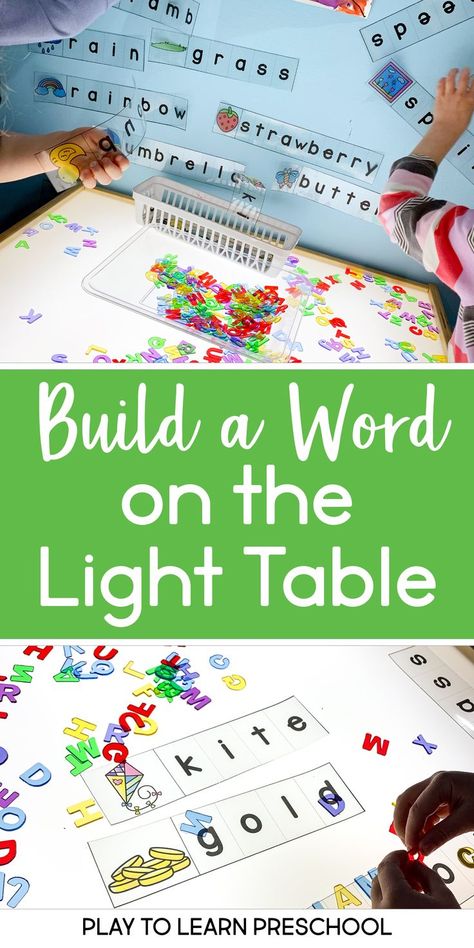 Build-A-Word Light Table Center Work on letter identification, letter sounds, and concept of word with this preschool literacy activity. #lighttable #earlychildhood #literacy #preschoolactivities Light Box Activities, Prek Literacy, Literacy Activities Preschool, Letter Identification, Preschool Writing, Preschool Literacy, Teaching Letters, Language Activities, Writing Center