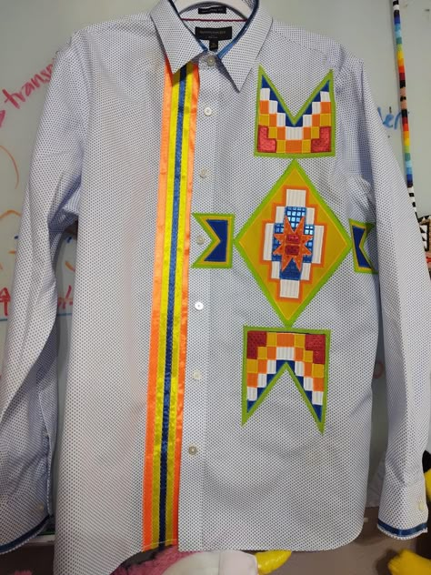 Ribbon Shirt Applique, Native American Ribbon Shirts Men, Ribbon Shirts Native American Men, Native American Ribbon Work, Shirt Skirt Outfit, Native Regalia, Native Outfits, Native Fashion, Ribbon Shirts