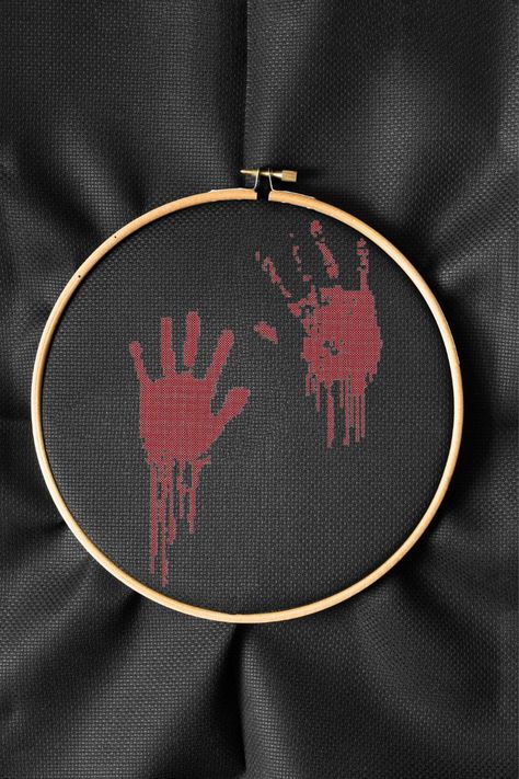 Bloody handprints cross stitch (Free) - Craft with Cartwright Handprint Cross Stitch, Cross Stitch Horror, Creepy Cross Stitch Pattern, Scary Cross Stitch, Horror Cross Stitch, Cross Stitch Free, Anchor Threads, Stitch Halloween, Tiny Cross Stitch