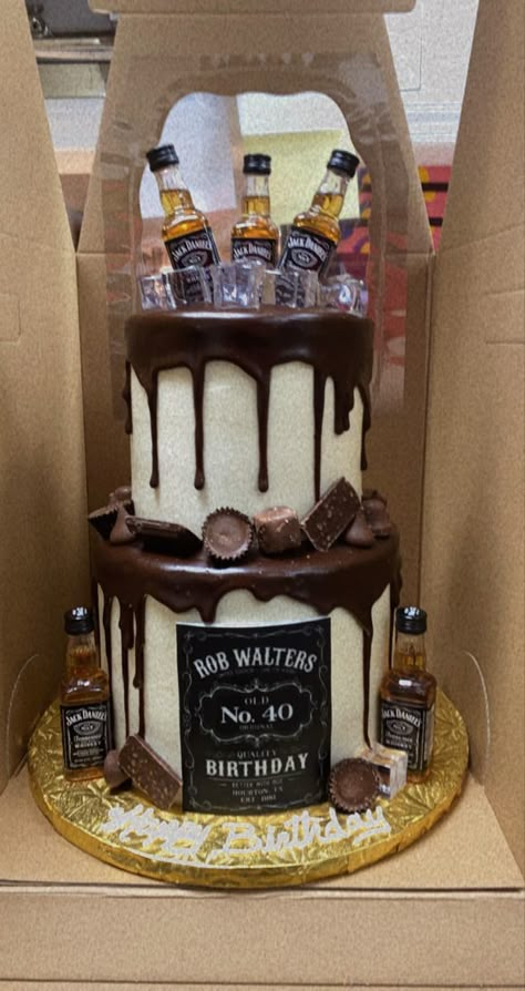 2 Tier Whiskey Jack Daniels Cake with chocolate drip Birthday Cake For Smokers, Whiskey Cakes For Men, 2 Tier Cake For Men, Tort Jack Daniels, Whiskey Cake Design, Jack Daniels Birthday Theme, Cake 2 Tier, Aged To Perfection Cake, 70 Birthday Cake For Men