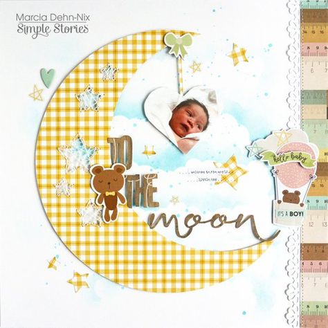 Love You To The Moon - Oh Baby Collection - Simple Stories Click to see complete supply list at Scrapbook.com.  #scrapbookcom #scrapbooking #layouts #lifehandmade Baby Boy Scrapbook Layouts, Boy Scrapbook Layouts, Baby Scrapbook Album, Unique Scrapbooks, Baby Scrapbook Pages, Scrapbooking Layouts Baby, Baby Layouts, Baby Boy Scrapbook