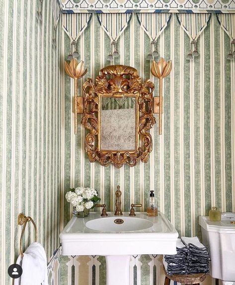 Iksel Decorative Arts on Instagram: “Our “Kubilai’s Tent” wallpaper in green color way, in this lovely washroom by Australian designer Steve Cordony @stevecordony. . . #Iksel…” Timeless Bathroom Vanity, Water Monopoly, Steve Cordony, Florida Villas, Powder Room Wallpaper, Living Room Mantel, Bathroom Vanity Designs, Timeless Bathroom, Scenic Wallpaper