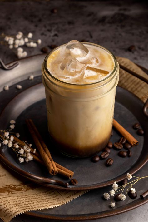 Iced almond milk latte in a jar on a metal tray. Almond Milk Latte, Ice Latte, Homemade Syrup, Iced Latte, Classic Cocktails, Mocktails, Almond Milk, Food Photo, Vegan Gluten Free