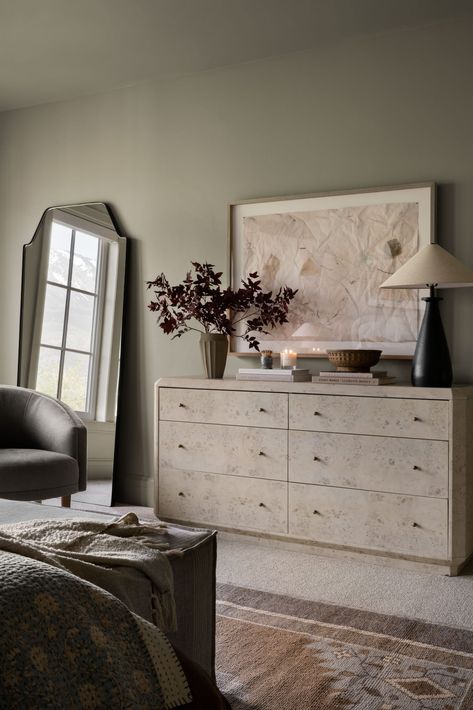 Inside the Catalogue | A Layered Bed - Studio McGee Bedroom Dresser Decor With Mirror, Mcgee Bedroom, Dresser Styling, Dresser Decor Bedroom, Mcgee And Co, Hm Home, Bedroom Studio, Mcgee & Co, Wood Dresser