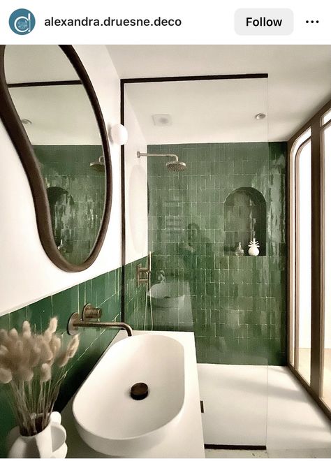 Zellige Tile Bathroom, Green Bathroom Tile, Green Shower Tile, Green Tile Bathroom, White Bathroom Tiles, White Tile Floor, Bamboo Bathroom, Bathroom Inspiration Decor, Upstairs Bathrooms