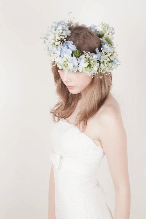 Hydrangea Crown, Hydrangea Flower Crown, Pep Squad, Crown Hairstyle, Blue Flower Crown, Hairstyle Wedding, Runway Hair, Flower Crown Hairstyle, Tiffany Wedding