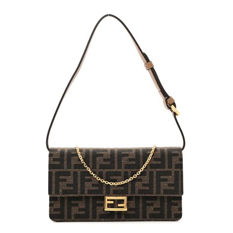 This is an authentic FENDI Fabric Jacquard FF 1974 Wallet On Chain in Tobacco and Moro. This stylish bag is crafted of FF canvas in brown. The bag features a light gold chain strap, an adjustable brown leather shoulder strap, and a gold Fendi FF logo on the front flap. This opens to a brown leather interior with card slots. 1434067 Pokemon Fabric, Board Wallpaper, Fendi Shoulder Bag, Fendi Wallet On Chain, Fendi Bag, Ff Logo, Fendi Logo, Wallet On Chain, Bags Logo