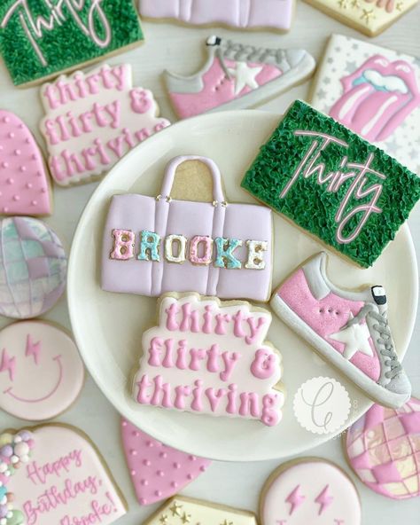 Thirty, flirty & thriving💗✨🦋🌈⭐️💜 Happy (almost) 30th birthday, Brooke💖 If there were ever a set I had to make 100x, please let it be this… Thirty And Flirty And Thriving 30th Birthday Parties, 30 Flirty And Thriving Cookies, 30 Year Old Birthday Theme, Thirty Birthday Themes For Women, Thirty Flirty And Thriving Cookies, Thirty And Thriving 30th Birthday, Thirty Flirty And Thriving Party Ideas, 30 Birthday Cookies For Women, 25 Birthday Ideas For Women