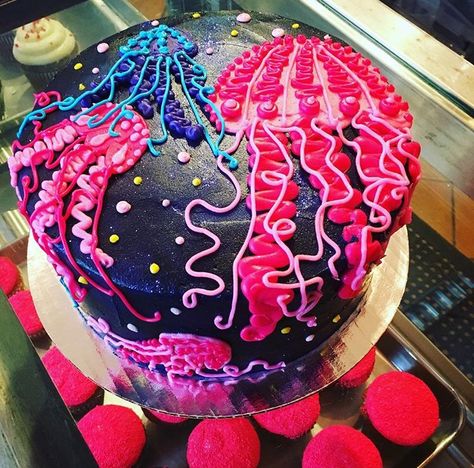 Check out this cool #jellyfish#cake we did for a #birthday#party last weekend!  Our cake decorators love to #create new and #amazing #cakeart!  Call us today to inquire about your next #dreamcake  #jamesandthegiantcupcake#oaklandcakes#cakecakecake #neonjellyfish Jellyfish Birthday Theme, Jellyfish Cupcake Cake, Jelly Fish Cake Ideas, Jellyfish Cake Ideas, The Last Of Us Birthday Cake, Jellyfish Birthday Cake, Ocean Animal Birthday Cake, Jellyfish Birthday Party, Summer Themed Cakes