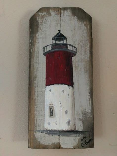 Lighthouse Paintings on Reclaimed Wood – C. P. F. Paintings Lighthouse Paintings, Wood Lighthouse, Painted Driftwood, Lighthouse Painting, Lighthouse Art, Driftwood Crafts, Pallet Art, Driftwood Art, Beach Painting