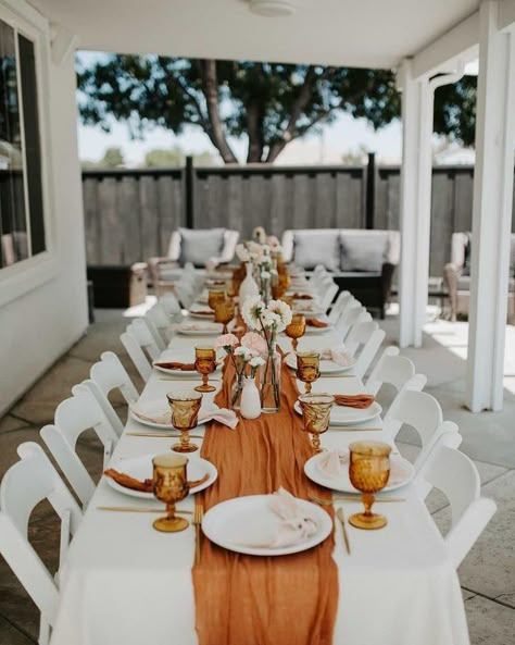 FLORRA TALK Gauze Terracotta Table Runner 35x120 Inches Cheesecloth Table Runner Bulk 10Ft Boho Rustic Decorations for Wedding Arch Decor Reception Bridal Shower Holiday Party (Terracotta, 10Ft x 35") Fall Boho Engagement Party, Burnt Orange Wedding Centrepiece, Burnt Orange Bridal Shower Ideas, Minimalist Bridal Shower Ideas, Terracotta Table Runner, Fall Backyard Wedding, Fall Bridal Shower Decorations, Wedding Arch Decor, Terracotta Table