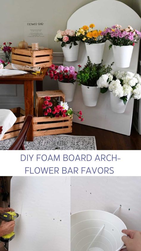 This favor is so fun for bridal or baby showers! The backdrop was easy to make and under $40 using foam board. Diy Flower Bar, Bouquet Favors, Make Your Own Bouquet, Build A Bouquet, Bar Backdrop, Garden Baby Showers, Shower Foam, Custom Bouquet, Flower Bar