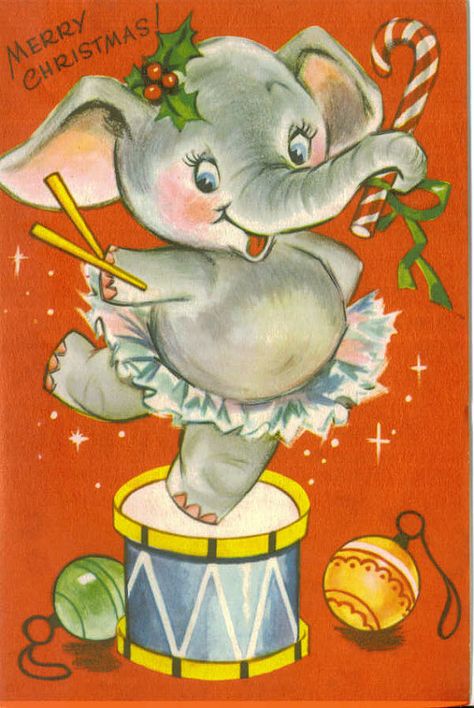 Vintage Christmas Card Dancing Elephant by TheVintageGreeting, $4.25 Dancing Elephant, Happy Dancing, Christmas Card Illustration, Vintage Holiday Cards, Ghost Of Christmas Past, Wish You Merry Christmas, Christmas Elephant, Vintage Christmas Card, Vintage Christmas Images