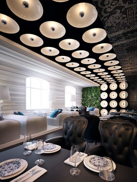 Lighting running from ceiling down wall. Interesting. Restaurant P :: Sergey Makhno Bill Bensley, Sergey Makhno, Digital City, Led Lighting Design, Resturant Design, Circular Lighting, Retail Lighting, New York Top, Hotel Interior Design