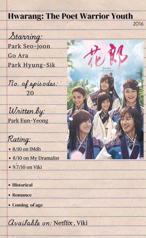 #kdrama_poster #kdrama #korean #historical #romance #V Hwarang Poster, Go Ara, Seo Joon, Historical Romance, Coming Of Age, Kdrama, Romance, Writing