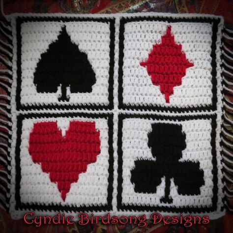 Playing Card Suits - Overlay Mosaic Square Crochet pattern by Cyndie Birdsong Mosaic Crochet Square, 4 Quadrants, Mosaic Square, Crochet Pour Halloween, Card Suits, Granny Square Bag, Granny Square Blanket, Fun Crochet Projects, Crochet Motifs